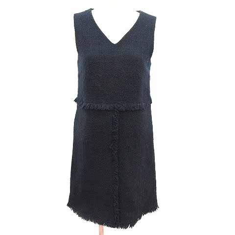 ノーリーズ Nolley's ワンピース ひざ丈 Vネック ツイード フリンジ