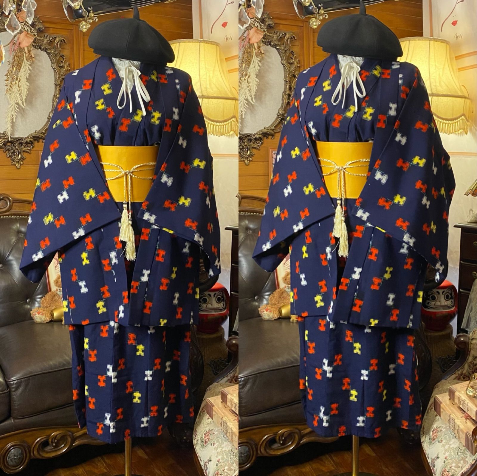 和洋折衷セミロングワンピース 着物アンサンブル 帯サッシュベルト付き ハンドメイド レトロ 古着 モダン ドットアート aKW-114