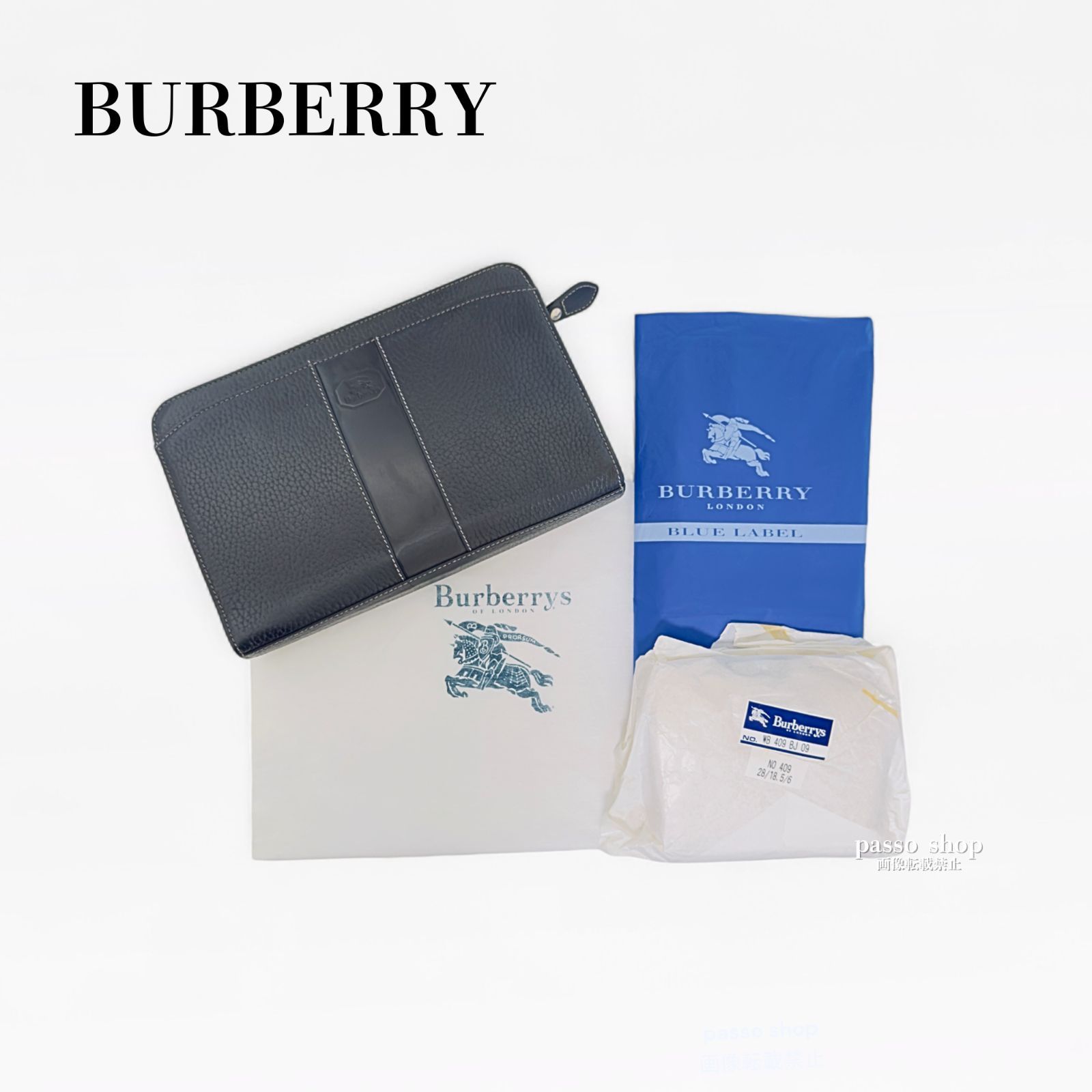 保管袋 ショッパー付 BURBERRY オールレザー セカンドバッグ クラッチバッグ 黒 ホースロゴ ノバチェック メンズ