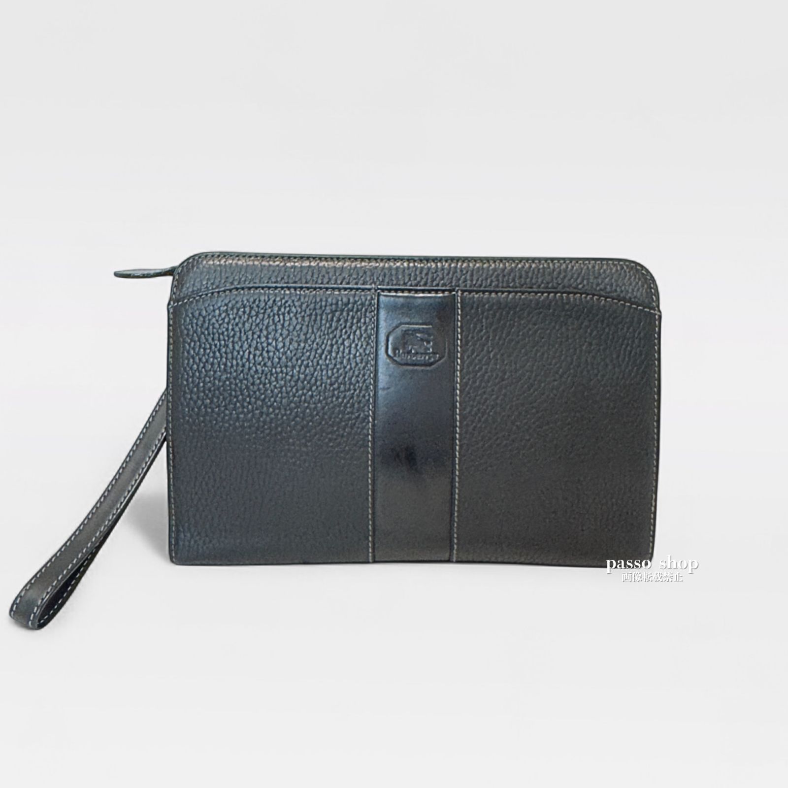 保管袋 ショッパー付 BURBERRY オールレザー セカンドバッグ クラッチバッグ 黒 ホースロゴ ノバチェック メンズ