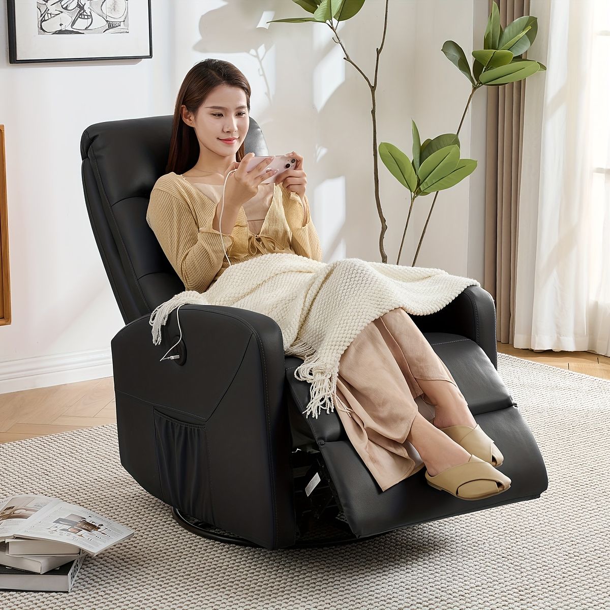 USBポート付 電動リクライニングチェア 165度調整＆270度回転 ファブリック レザー 一体型フットレスト 耐荷重150 kg シングルソファ 1人掛け リビング リラックスチェア 省スペース設計 ブラック