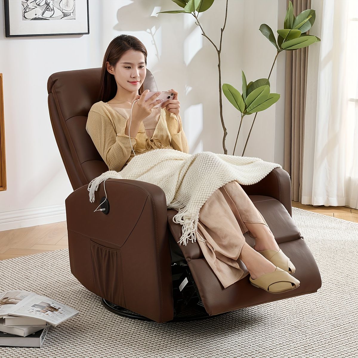 USBポート付】電動リクライニングチェア 165度調整＆270度回転