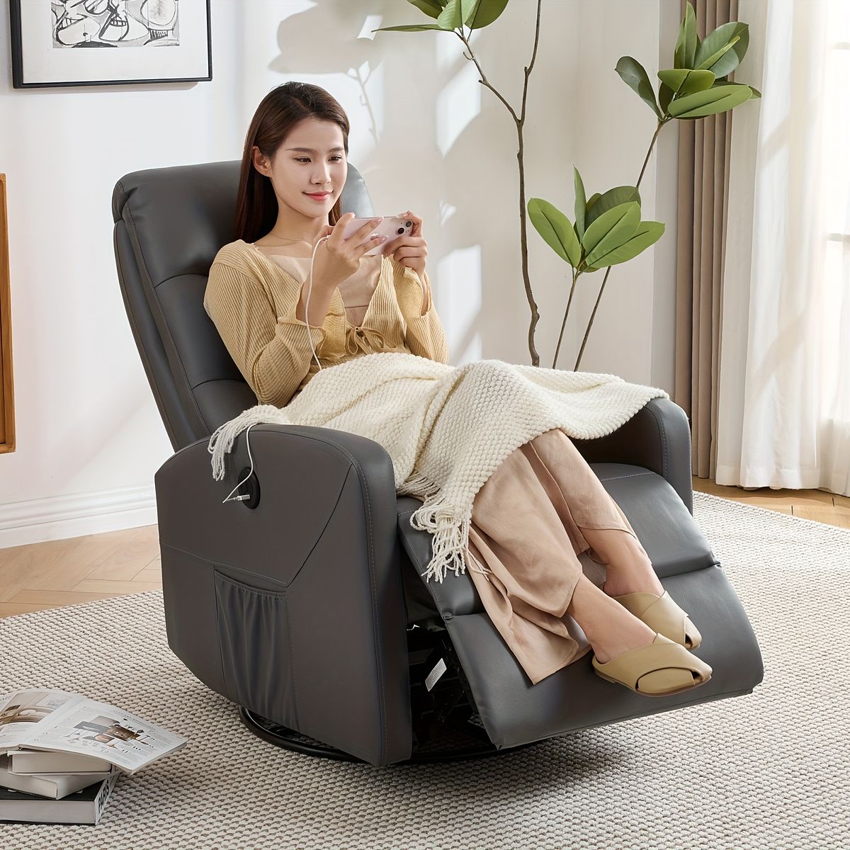 USBポート付 電動リクライニングチェア 165度調整＆270度回転 ファブリック レザー 一体型フットレスト 耐荷重150 kg シングルソファ 1人掛け リビング リラックスチェア 省スペース設計 グレー