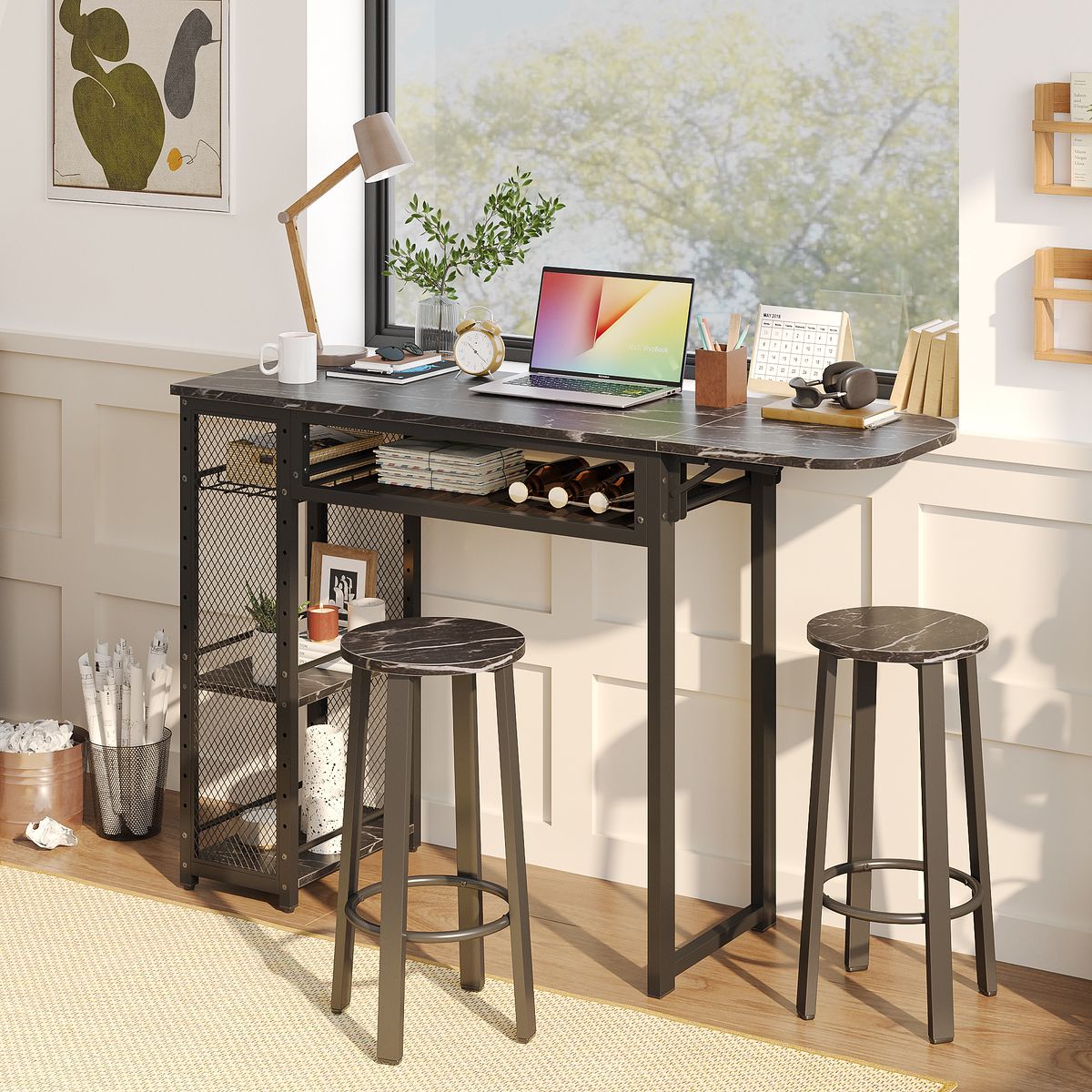 省スペース設計 カウンターテーブル＆チェア セット 幅140 100 cm バーテーブル ハイテーブル 2人用 PCデスク 作業台 大理石柄 ビンテージ風 おしゃれ ダイニングセット