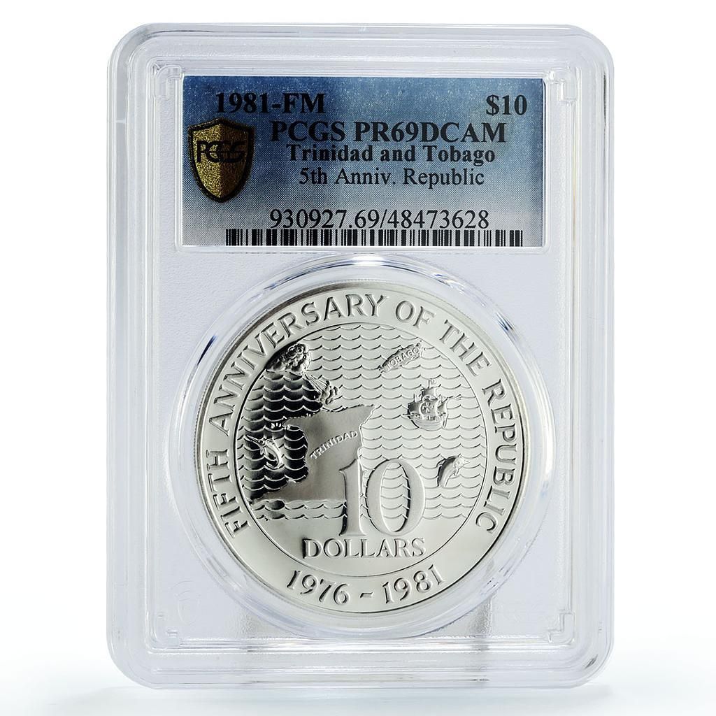 トリニダード・トバゴ 10ドル 共和国独立船 PR69 PCGS 銀貨 1981年