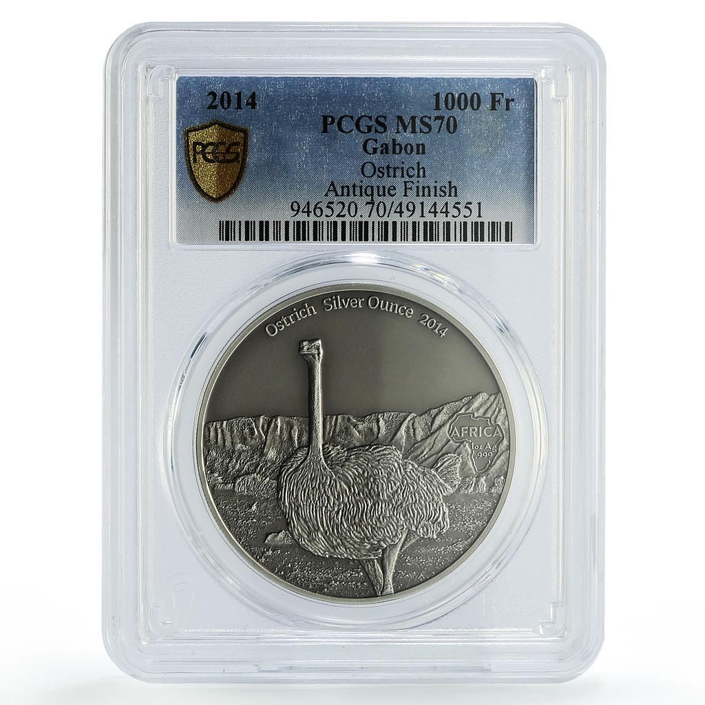 ガボン 1000フラン アフリカンオンス 野生動物 ダチョウ 鳥 SP70 PCGS