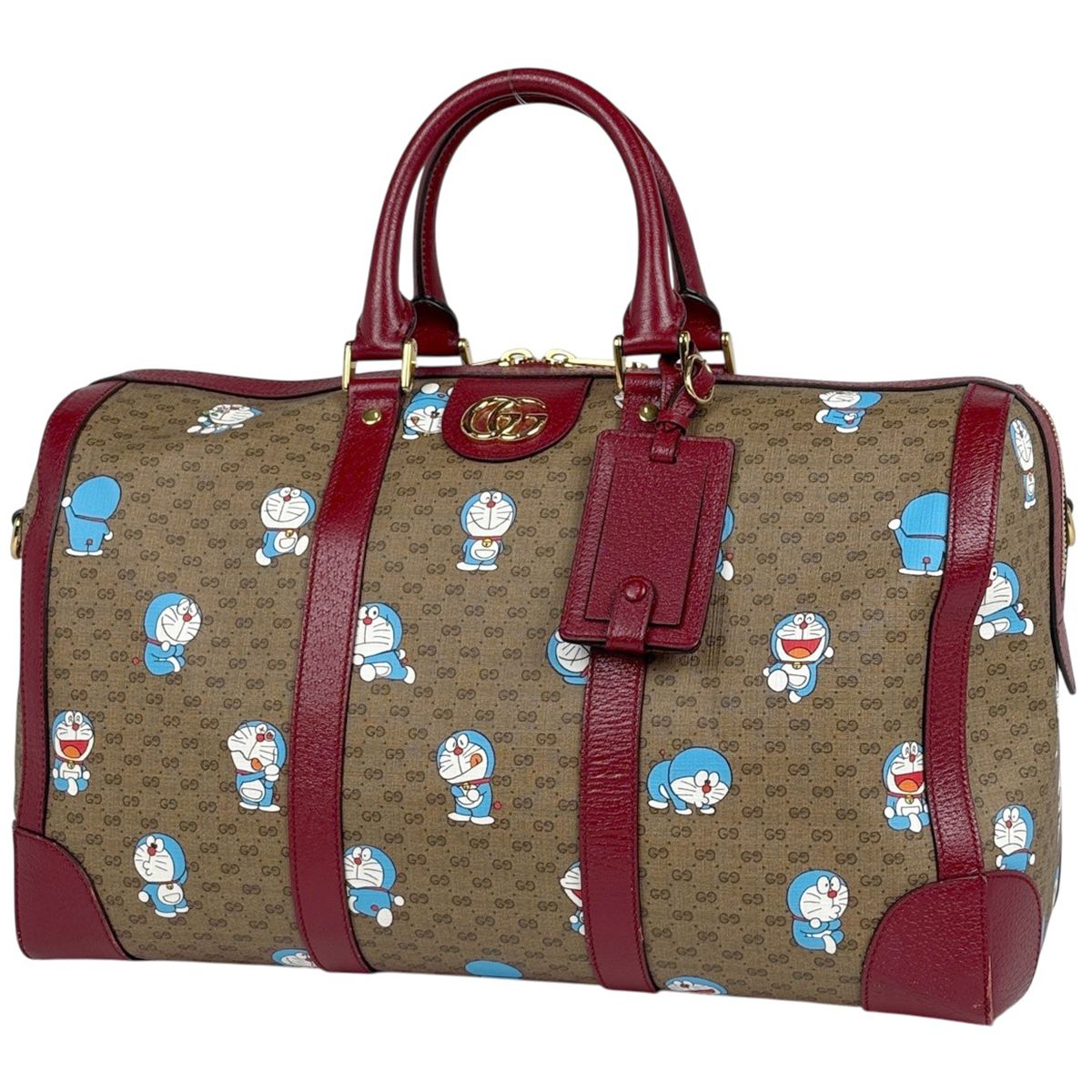 グッチ GUCCI マイクロGG柄 ボストンバッグ ドラえもんコラボ ミディアム ダッフルバッグ コーティングキャンバス ブラウン レッド 647815 レディース