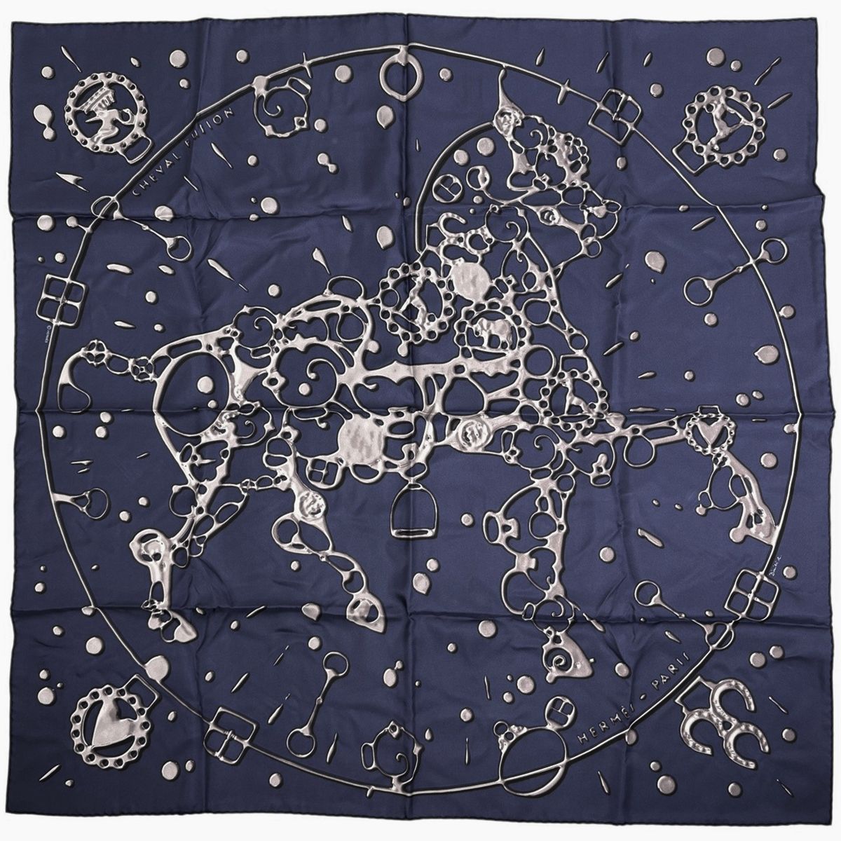 エルメス HERMES カレ 90 CHEVAL FUSION シュヴァル フュージョン スカーフ シルク ネイビー レディース