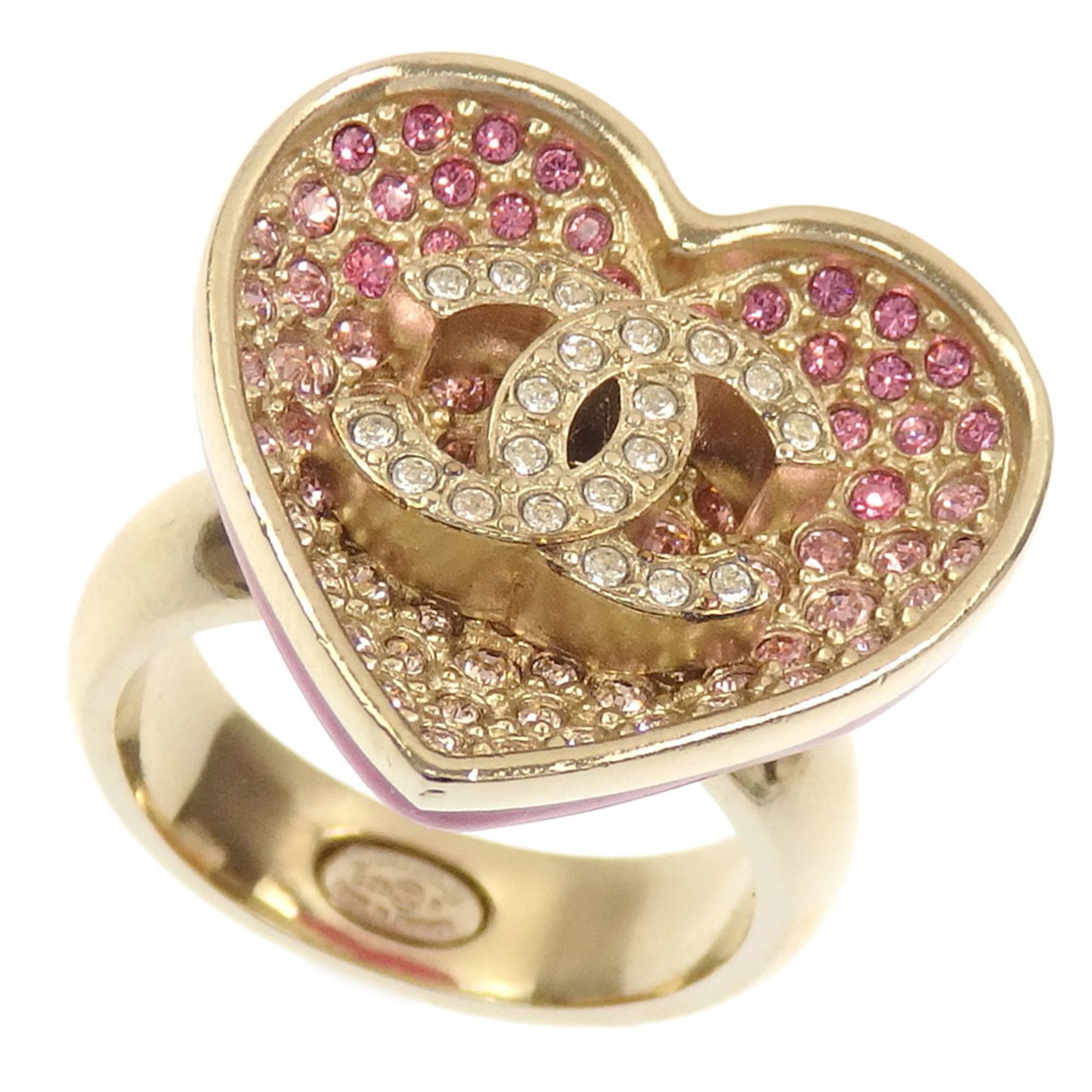 シャネル Chanel ココマーク ハート リング レディース ラインストーン メタル 12号 ピンク ゴールド 指輪 C 23 P