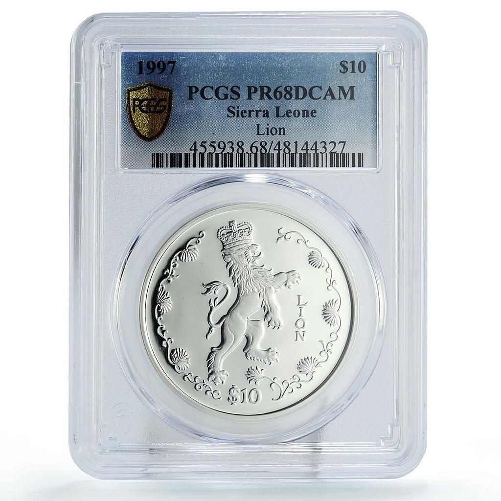 シエラ・レ 10ドル ロイヤルシンボル 戴冠ライオン PR68 PCGS 銀貨