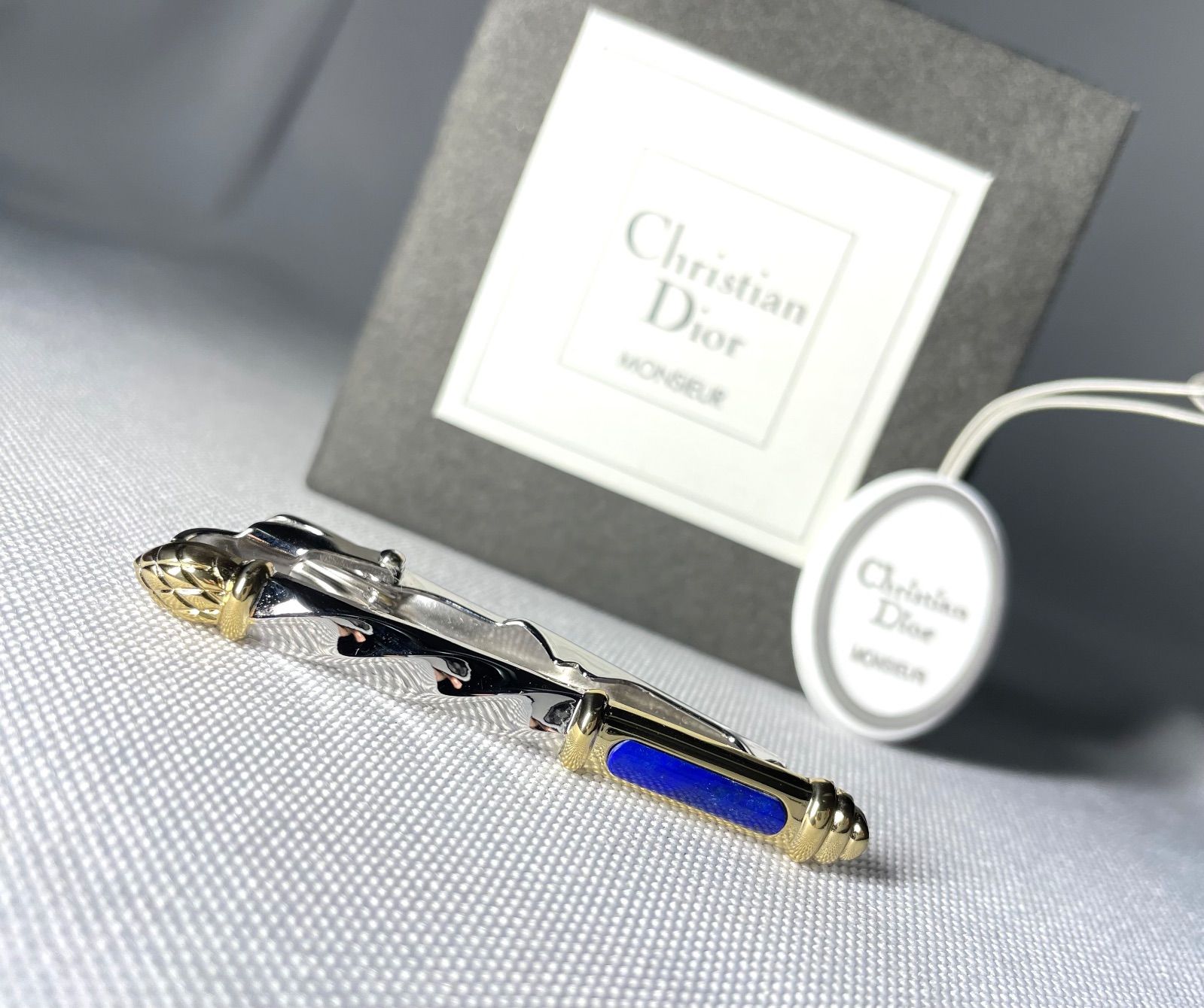 Dior ディオール ブルーストーン装飾 シルバー ゴールドメタリック ラグジュアリーネクタイピン タイピン タイバー 付属あり