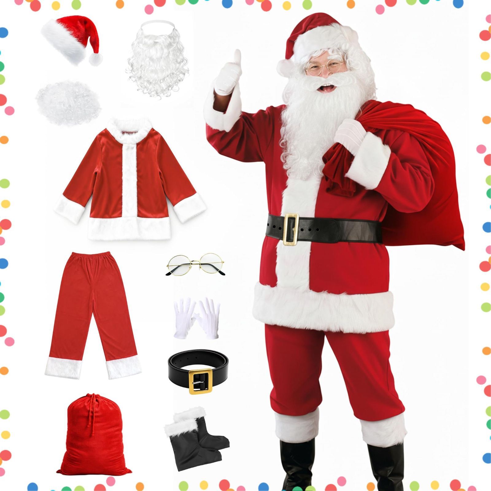 在庫 大人用 ブーツ プレゼント袋 眼鏡 ウィッグ メンズ 手袋 靴カバー たっぷりのひげ サンタ帽子 ベルト ズボン ジャケット 衣装 コスチューム コスプレ サンタ 10点セット サンタクロース GOKEI