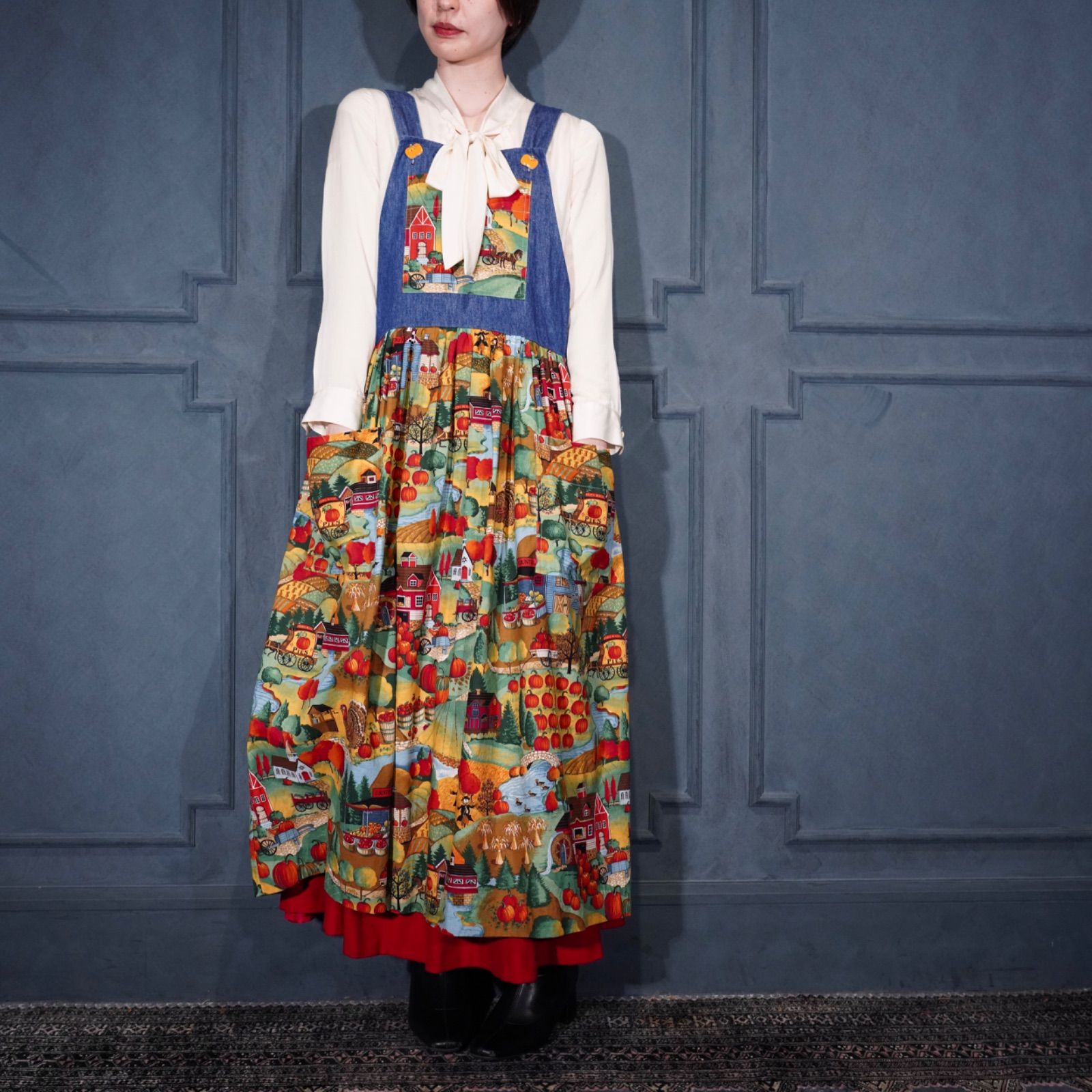 USA VINTAGE Sue McHale PUMPKIN BUTTON HAND MADE DESIGN NO SLEEVE ONE PIECE IN アメリカ古着かぼちゃボタンハンドメイドデザインノースリーブワンピース