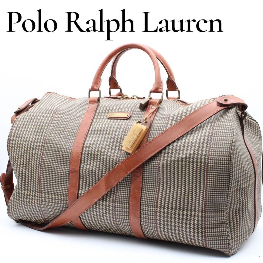 ポロ　ラルフローレン　PVCレザー　ブラウン　千鳥柄　ボストンバッグ 2WAY 良品】ポロラルフローレン 千鳥格子 ボストンバッグ 2way ヴィンテージ