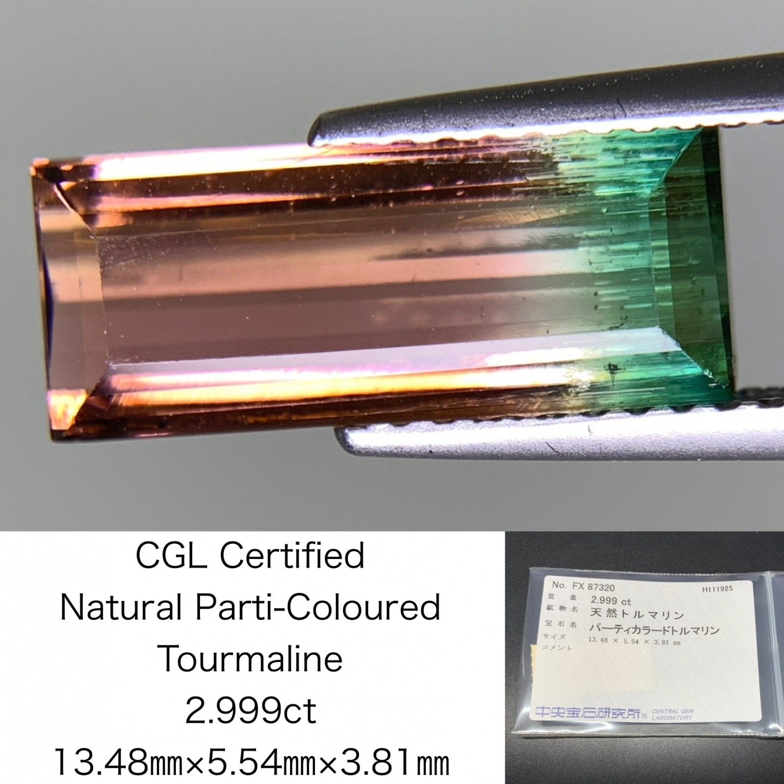 パーティカラードトルマリン 天然 2.999ct 中央宝石ソーティング付き