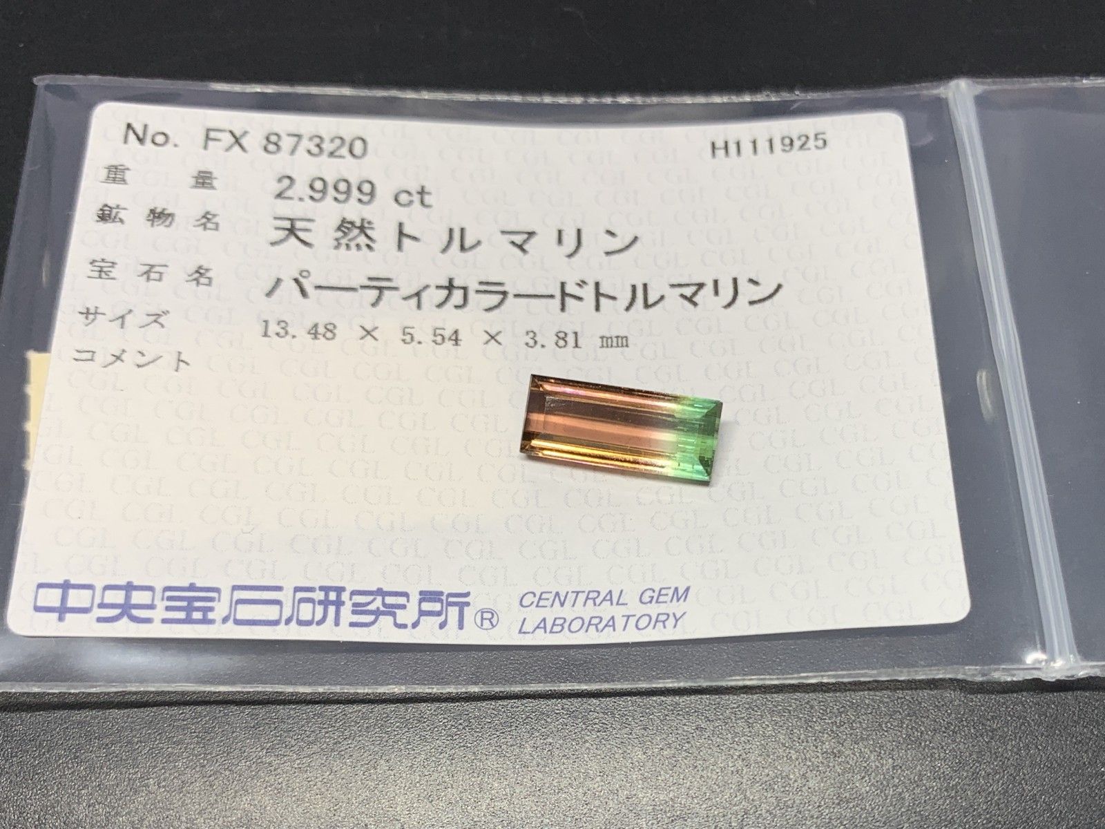 パーティカラードトルマリン 天然 2.999ct 中央宝石ソーティング付き