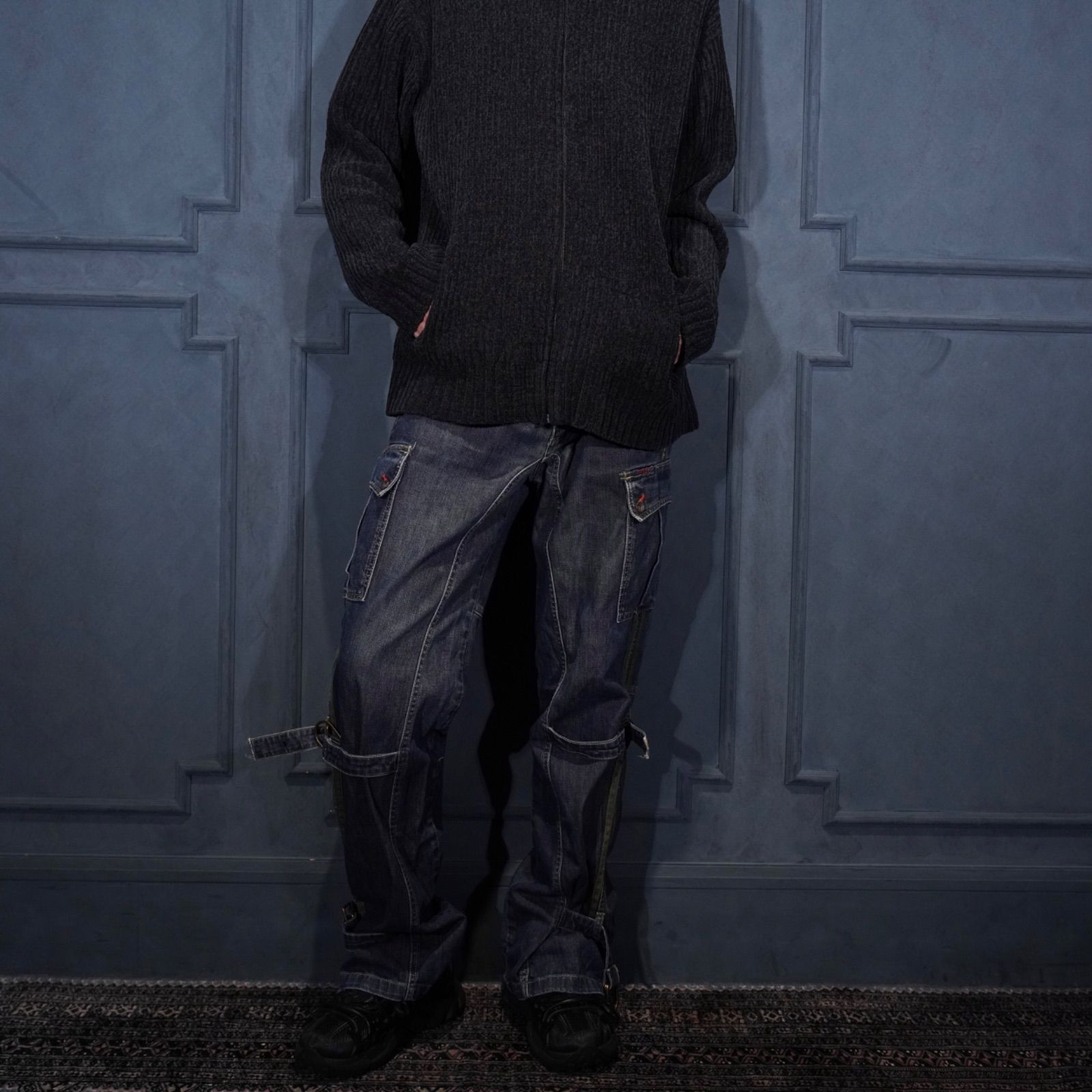 EU VINTAGE esz Denim BELT GIMMICK DESIGN PANTS MADE IN TURKEY ヨーロッパ古着ベルトギミックデザインデニムパンツ