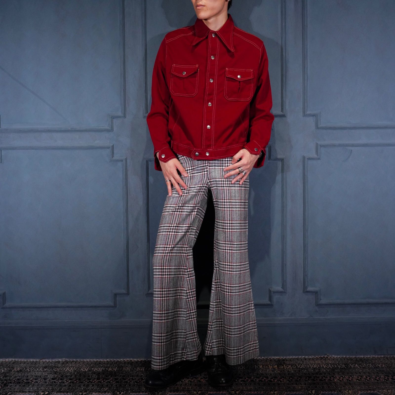 70's USA VINTAGE happy legs CHECK PATTERNED FLARE SLACKS PANTS/70