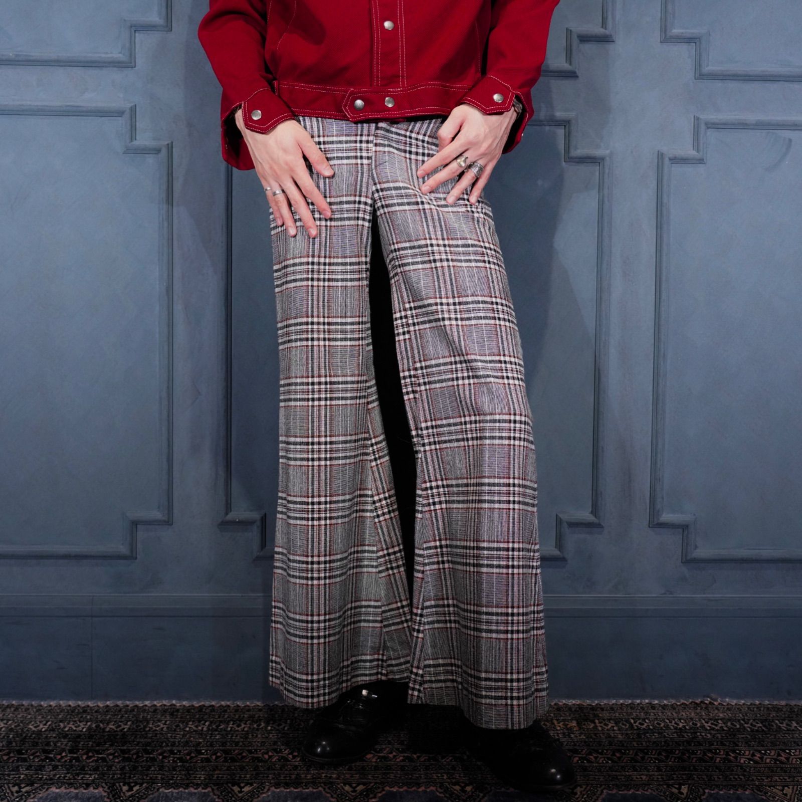 70's USA VINTAGE happy legs CHECK PATTERNED FLARE SLACKS PANTS/70