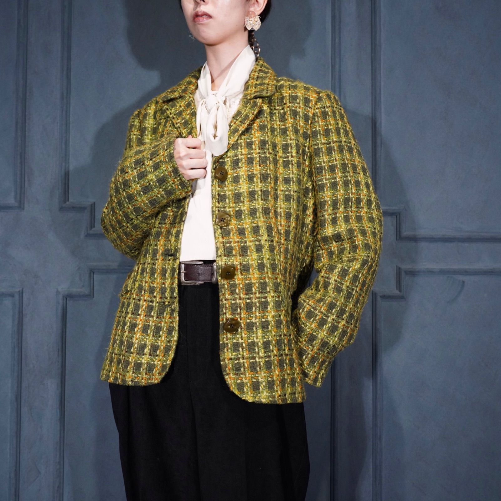 USA VINTAGE R・Q・T CHECK PATTERNED TWEED TAILORED JACKET/アメリカ古着チェック柄ツイードジャケット