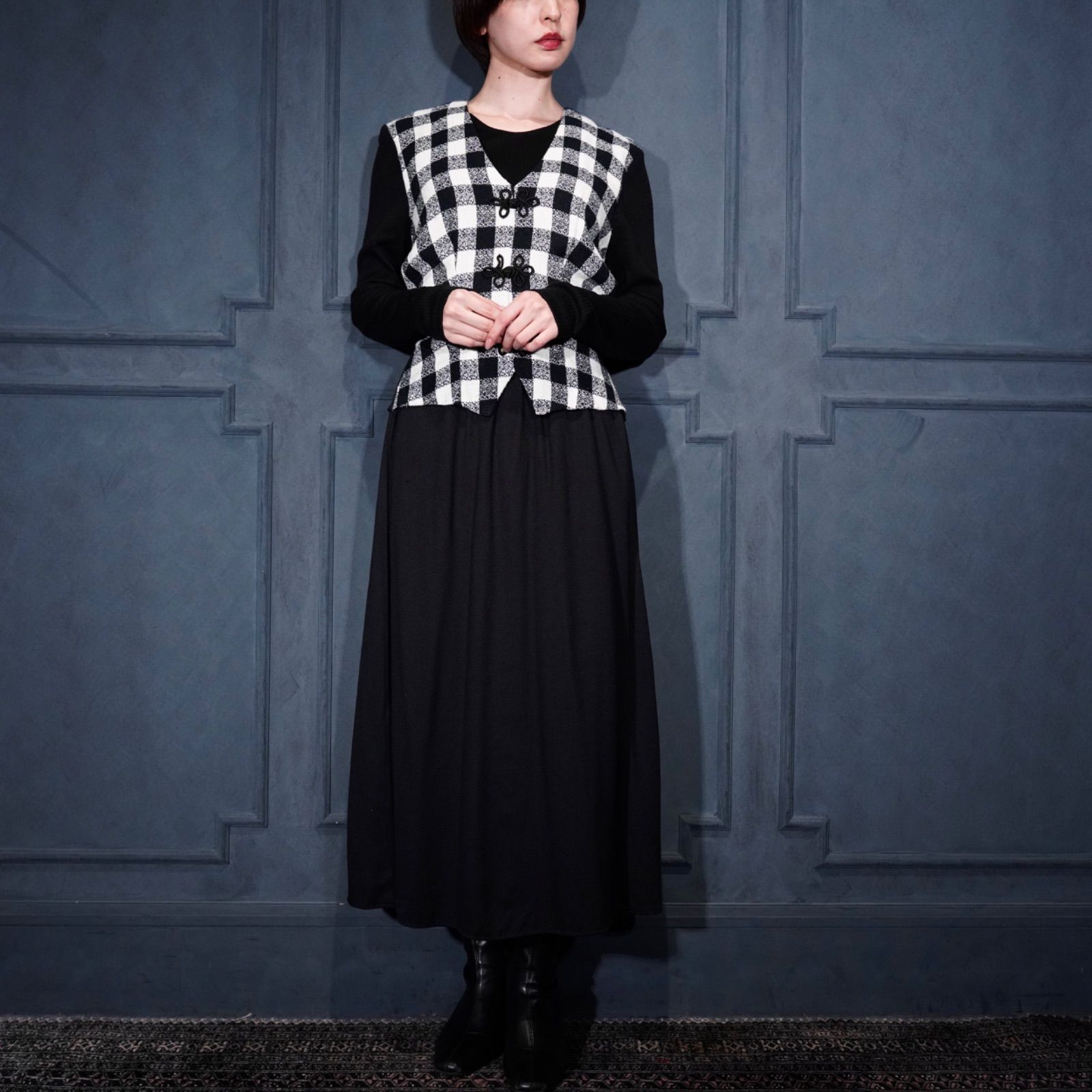 USA VINTAGE Miss Dorby CHECK PATTERNED BACK RIBBON LAYARD DESIGN CHINA BUTTON ONE PIECE アメリカ古着チェック柄バックリボンレイヤードデザインチャイナボタンワンピース