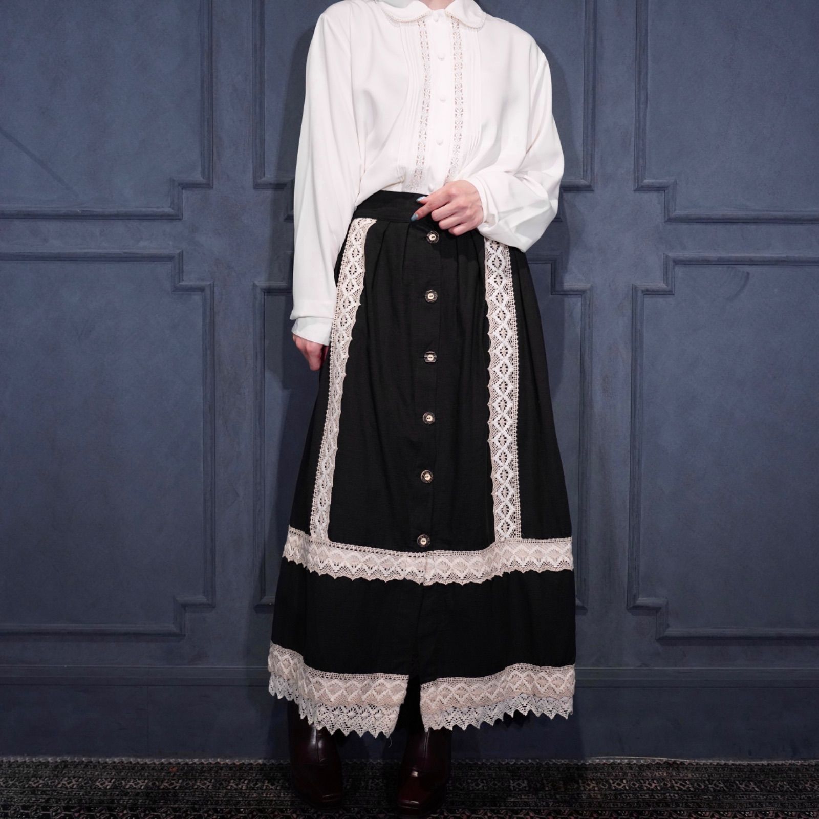 EU VINTAGE ショップ OSCAR LACE DESIGN LINEN TYROLEAN LONG SKIRT