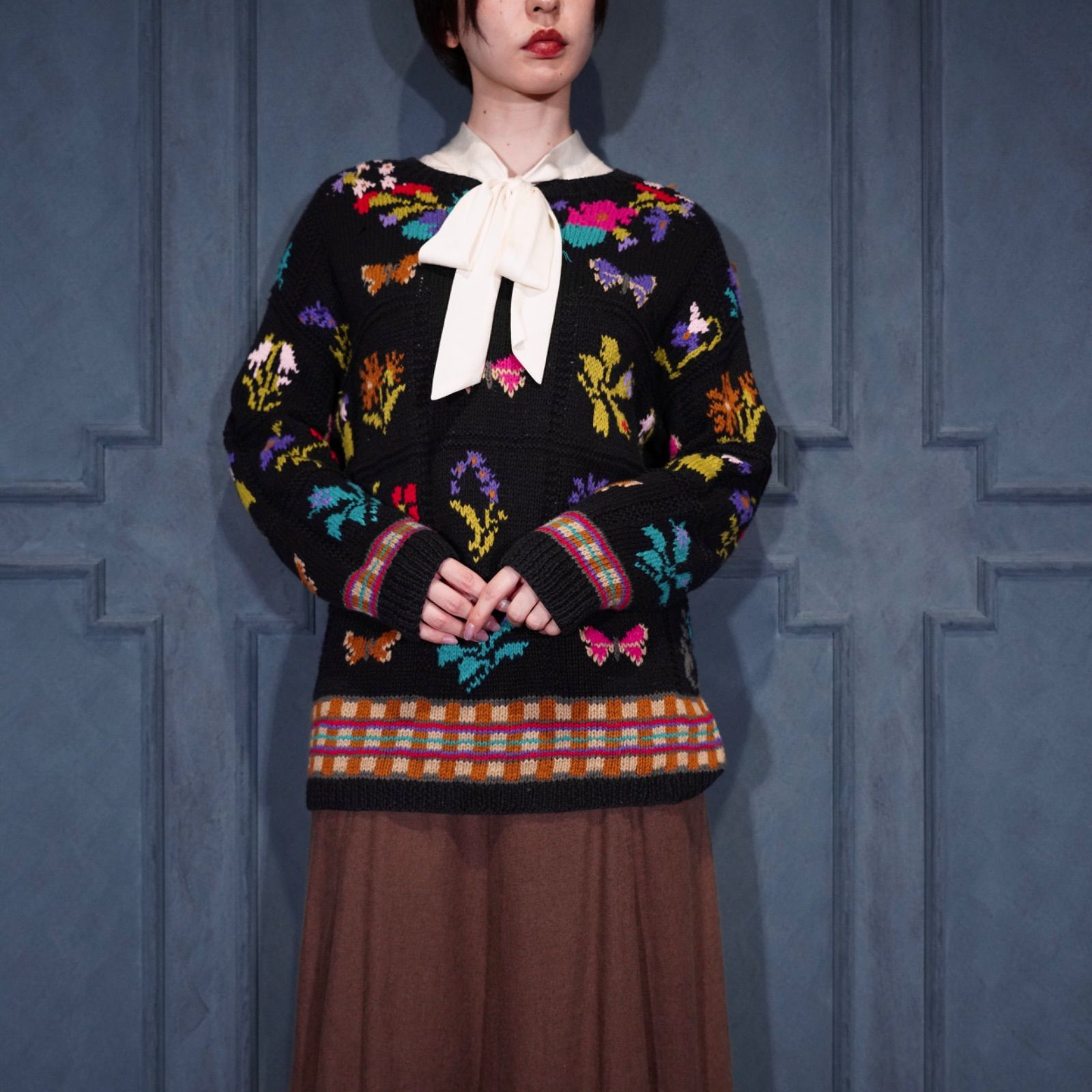 USA VINTAGE EXPRESS FLOWER BUTTERFLY DESIGN COTTON RAMIE KNIT アメリカ古着お花と蝶々デザインコットンラミーニット