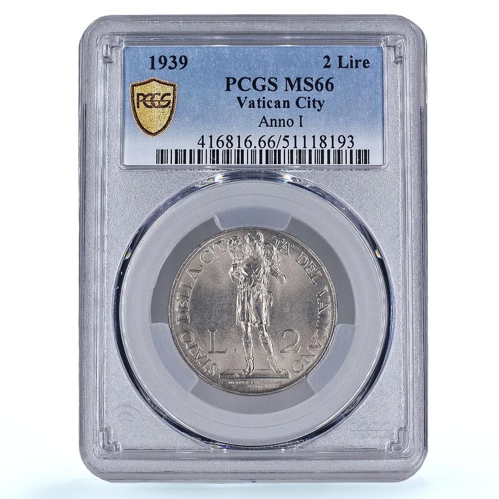 イタリア バチカン 2リラ 教皇ピ12世 立像 MS66 PCGS ニッケル貨幣
