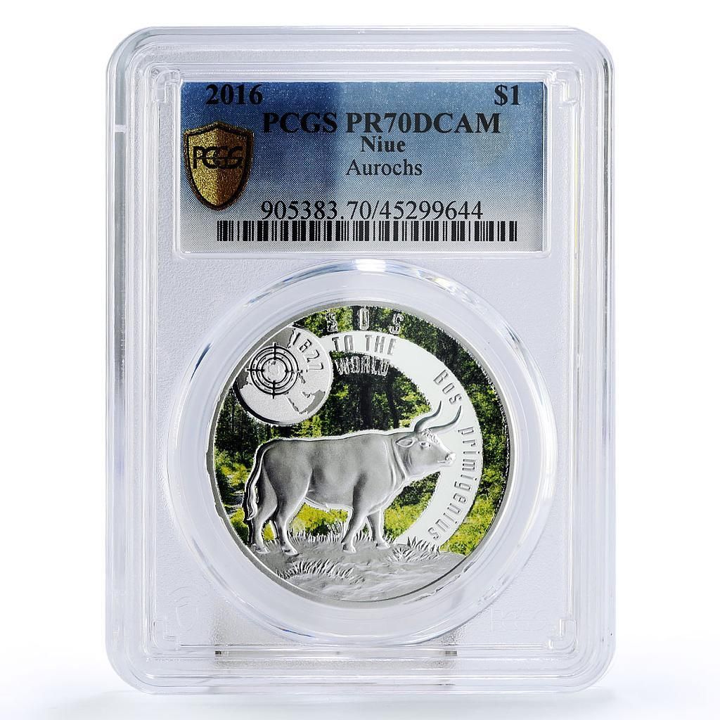 ニウエ 1ドル 絶滅危惧野生生物 オーロックス バイソン 動物相 PR 70 PCGS 銀貨 2016年