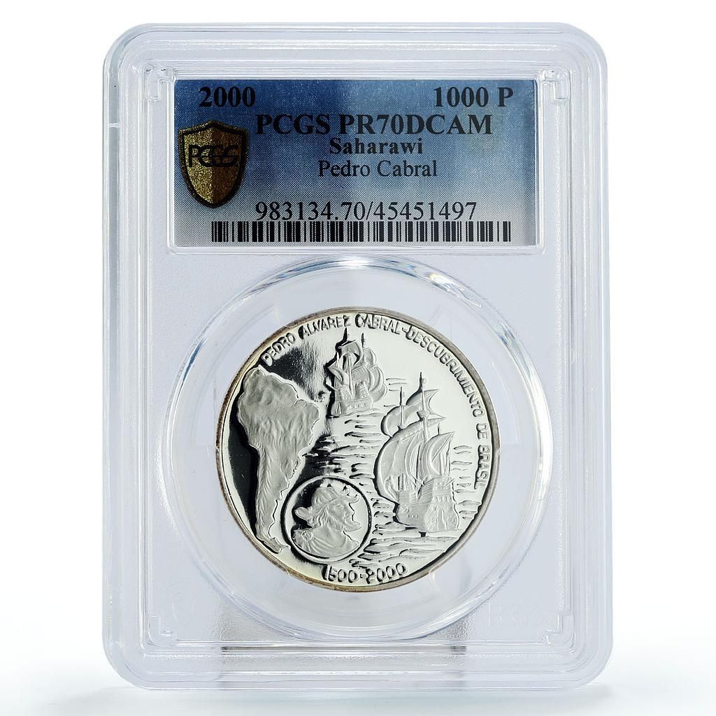 サハラウィ 1000ペセタ ペドロ カブラル 2隻の船 クリッパーズ PR 70 PCGS 銀貨 2000年