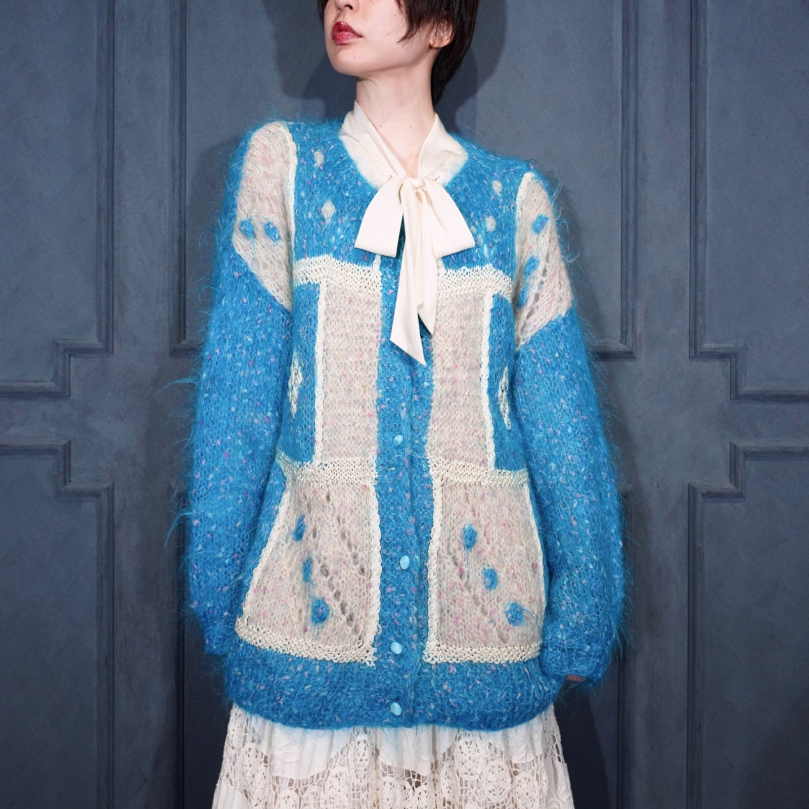 EU VINTAGE PATTERNED DESIGN MOHAIR KNIT CARDIGAN ヨーロッパ古着柄デザインモヘアニットカーディガン