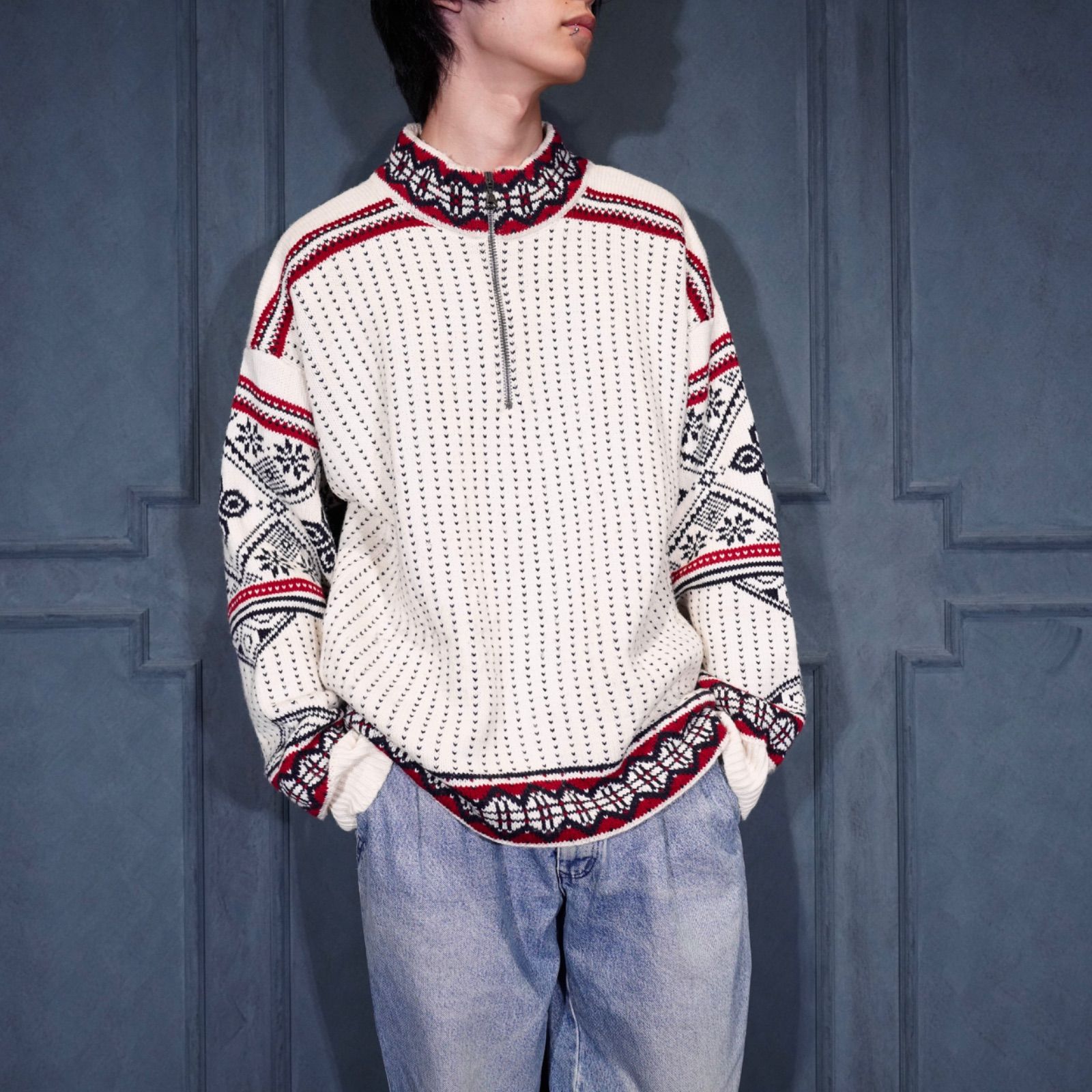 EU VINTAGE F.lli CAMPAGNOLO NORDIC PATTERNED HALF ZIP NORDIC KNIT 
