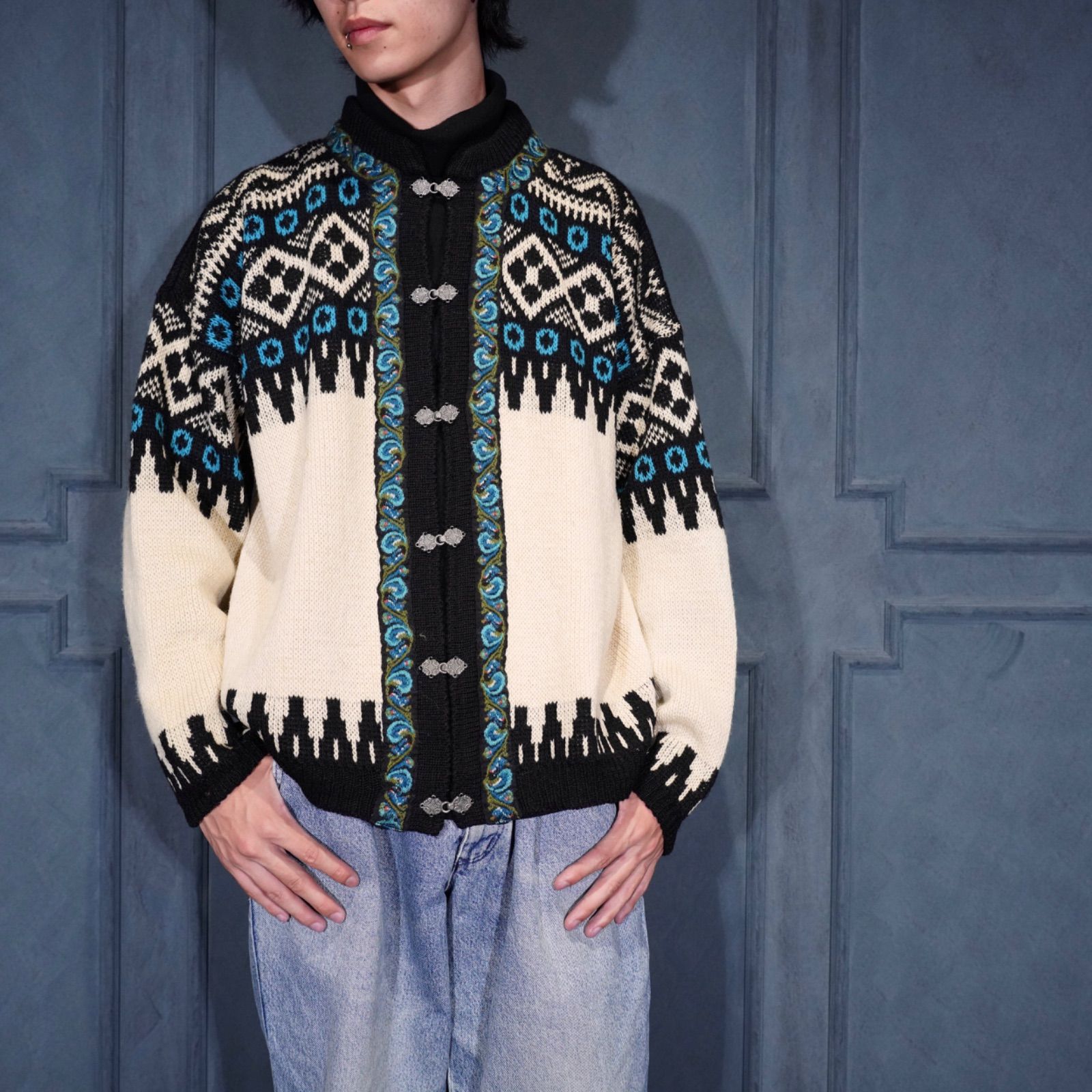 EU VINTAGE gann sports NORDIC PATTERNED EMBROIDERY DESIGN KNIT CARDIGAN ヨーロッパ古着ノルディック柄刺繍デザインノルディックニットカーディガン