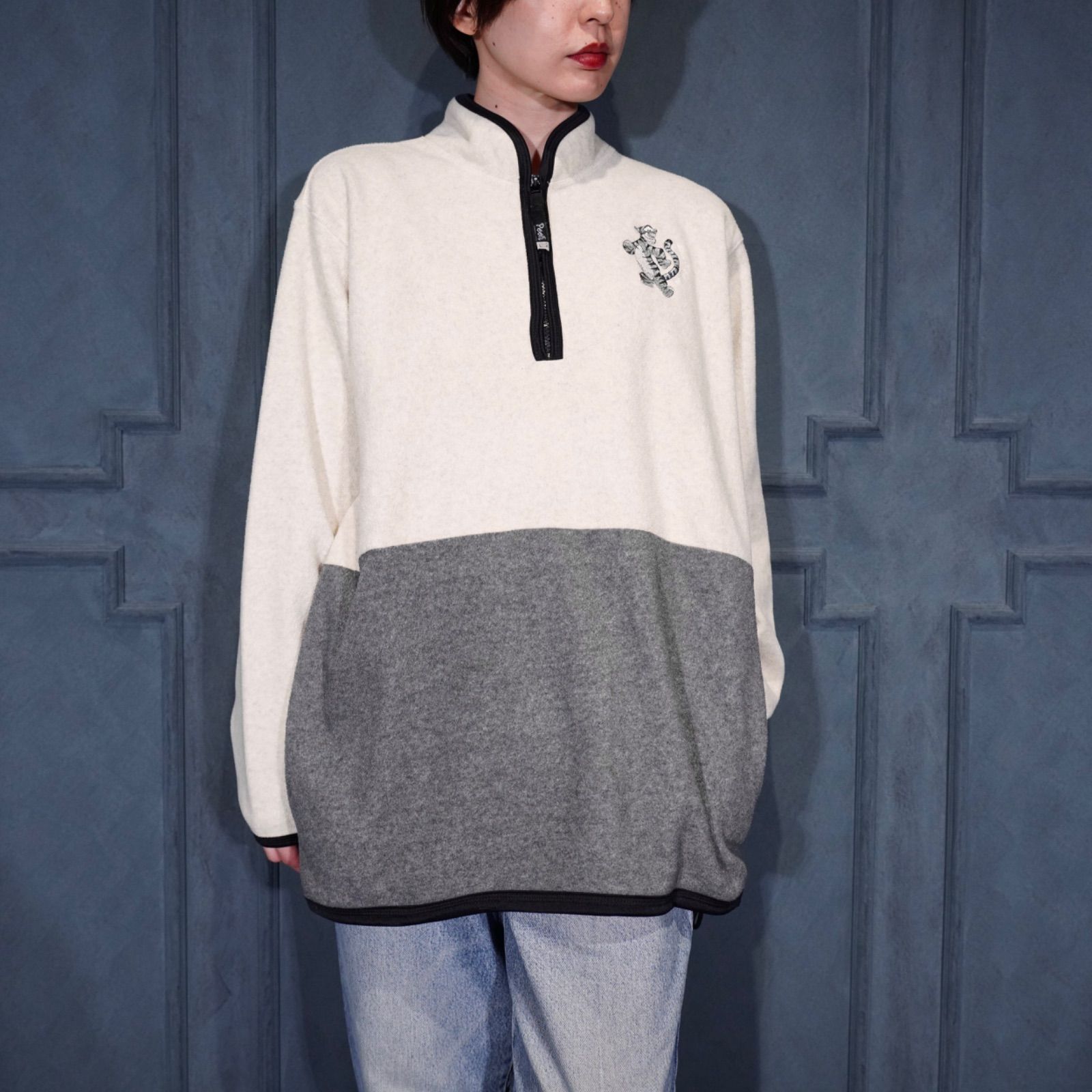 USA VINTAGE Pooh CHARACTER EMBROIDERY DESIGN FLEECE HALF ZIP JACKET アメリカ古着キャラクター刺繍デザインハーフジップフリース