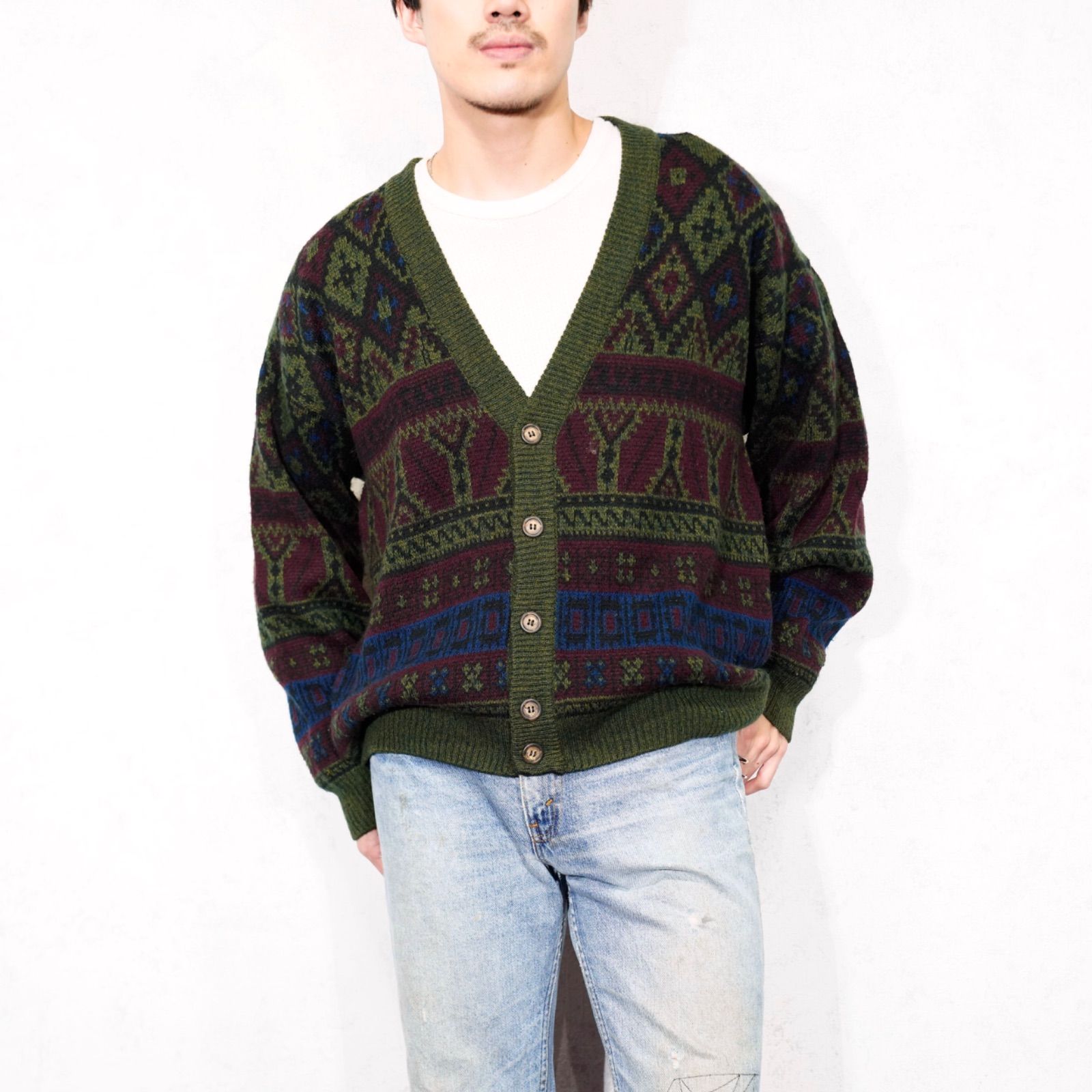 EU VINTAGE Vicino PATTERNED DESIGN KNIT CARDIGAN MADE IN ITALY ヨーロッパ古着柄デザインニットカーディガン
