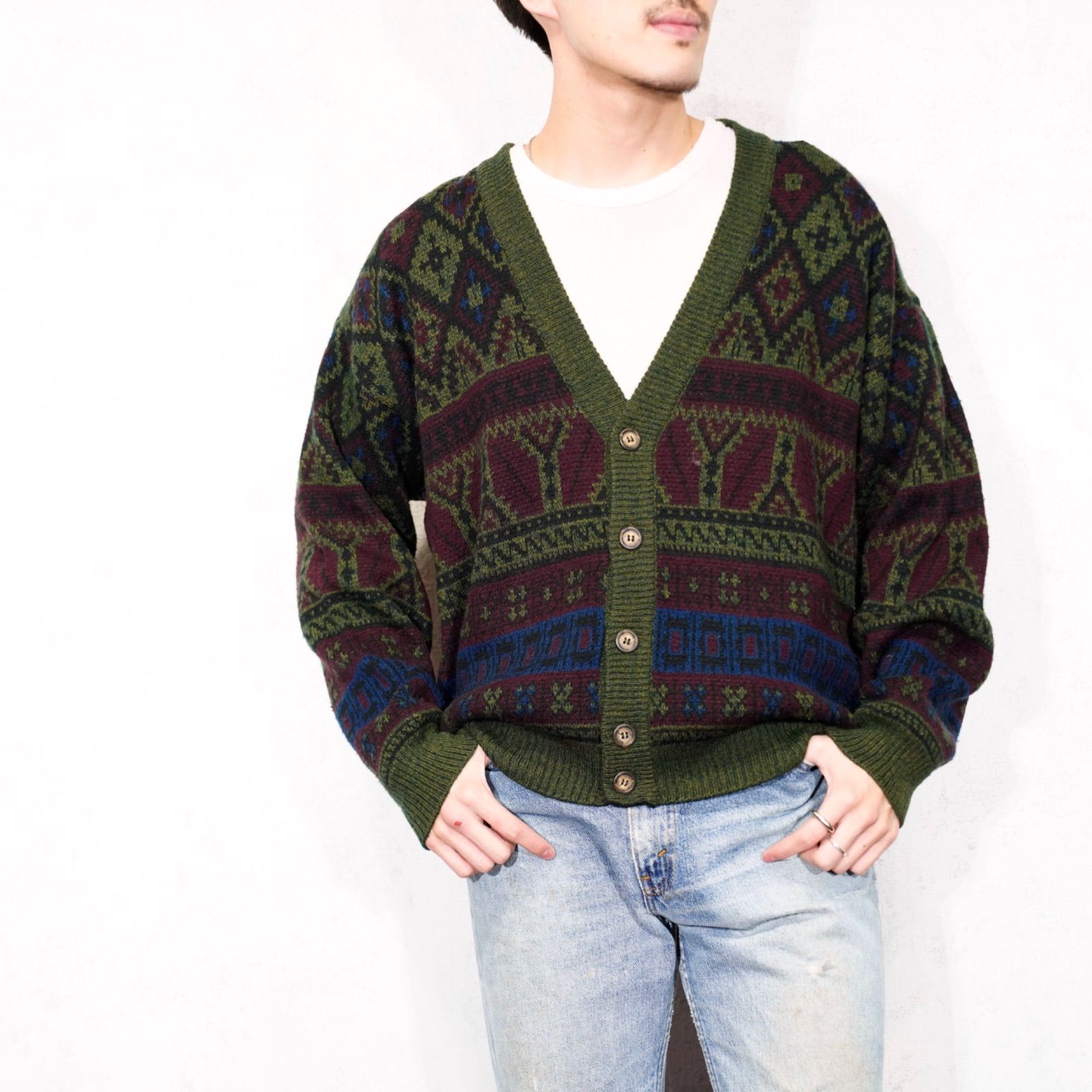 EU VINTAGE Vicino PATTERNED DESIGN KNIT CARDIGAN MADE IN ITALY ヨーロッパ古着柄デザインニットカーディガン
