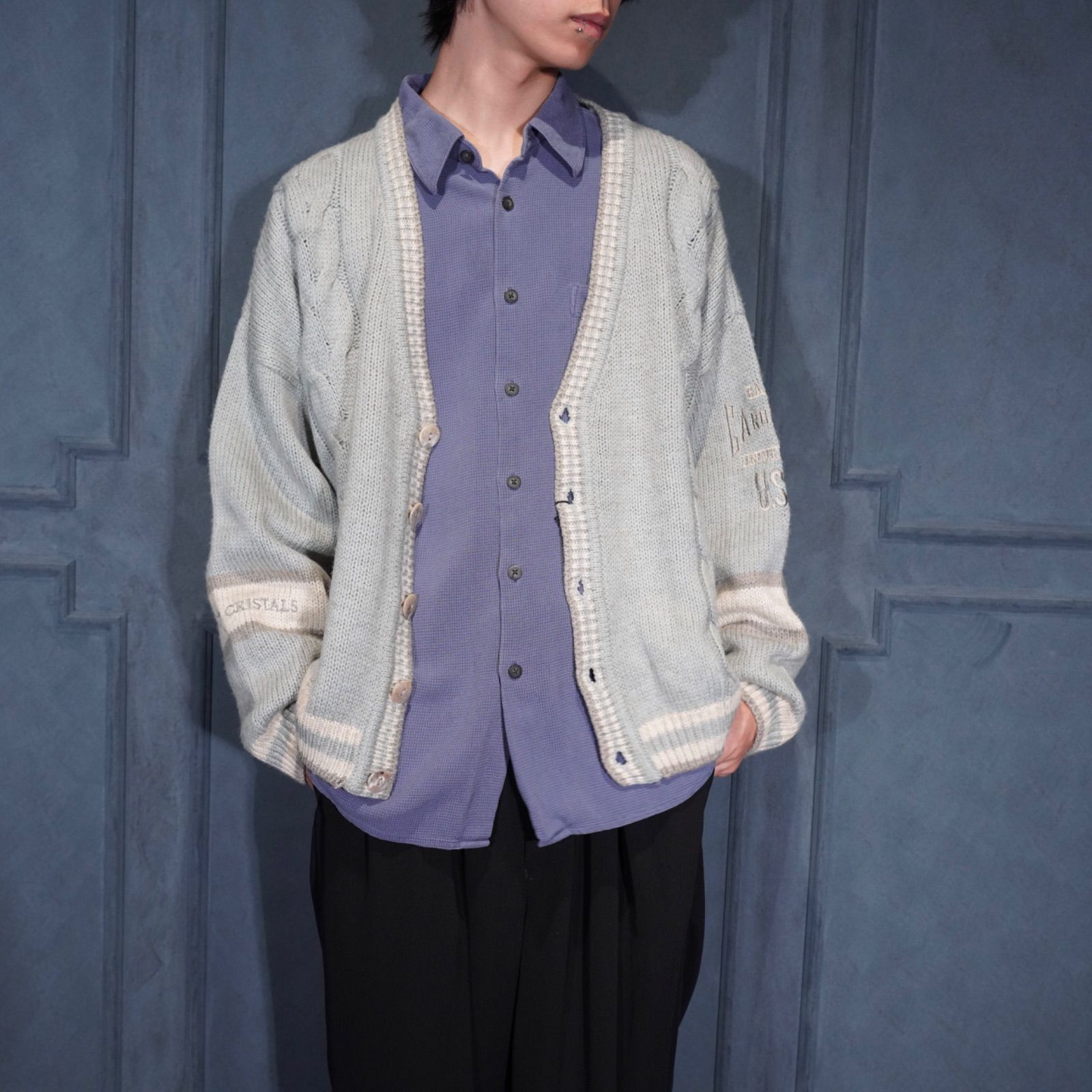 EU VINTAGE LINEA UOMO Laura Patrizia EMBROIDERY LINE DESIGN KNIT CARDIGAN ヨーロッパ古着刺繍ラインデザインニットカーディガン
