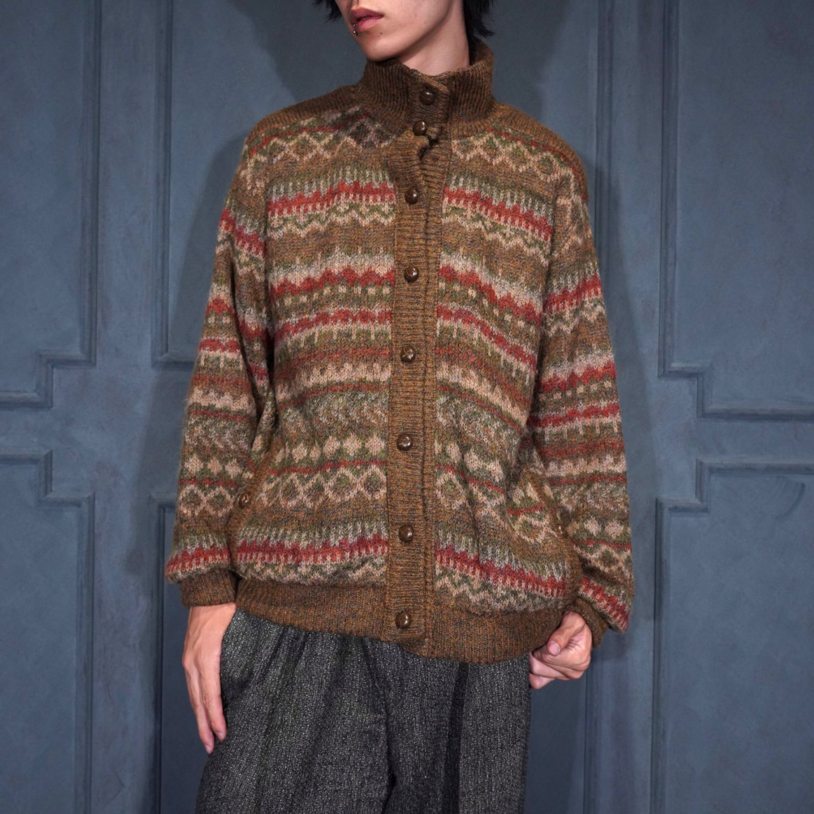 EU VINTAGE FAIR ISLE PATTERNED DESIGN KNIT BLOUSON ヨーロッパ古着フェアアイル柄デザインニットブルゾン カーディガン