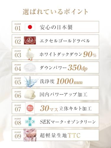 暖かい30マス立体キルト ホワイトダックダウン90％