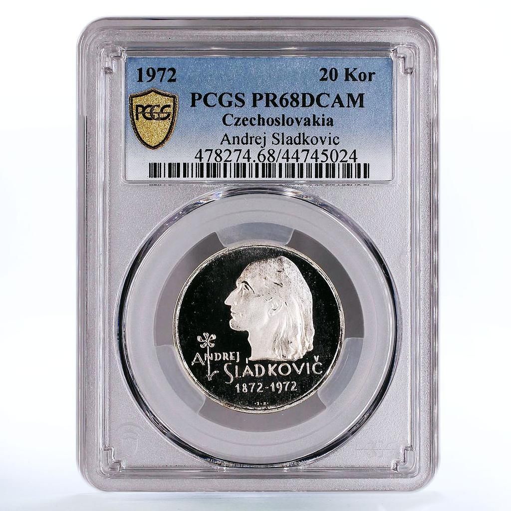 チェコスロバキア 20 コルン 詩人アンドレイ スラドコビッチ 詩 PR 68 PCGS 銀貨 1972