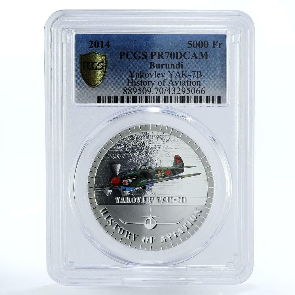 ブルンジ 5000 フラン ヤコブレフ YAK 7 B プレーン アション PR 70 PCGS 銀貨 2014