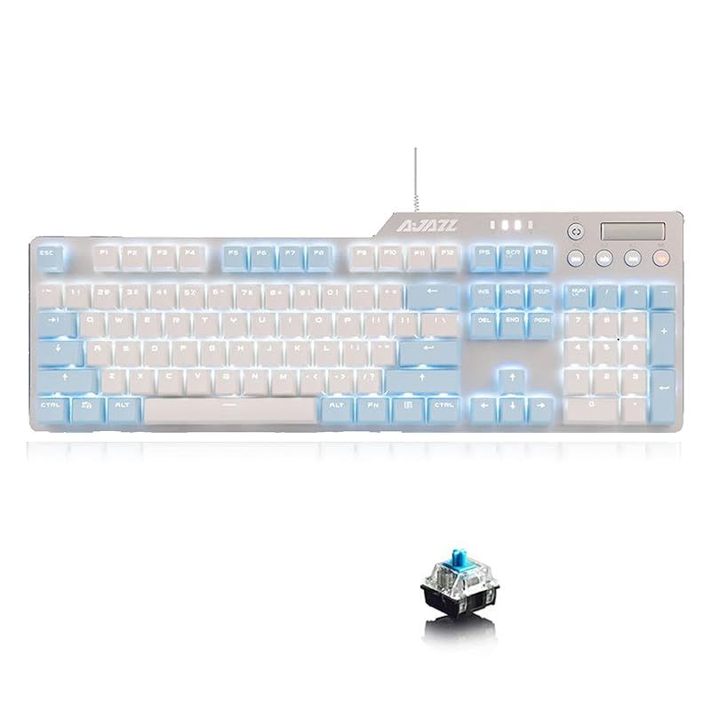 Ajazz AK 35 i メカニカルキーボード 美しい有線ゲーミングキーボード 白いバックライト 空色-ホワイト PBTボタン 104キー 4マルチメディアキー ボリュームホイール 英語配列 青軸
