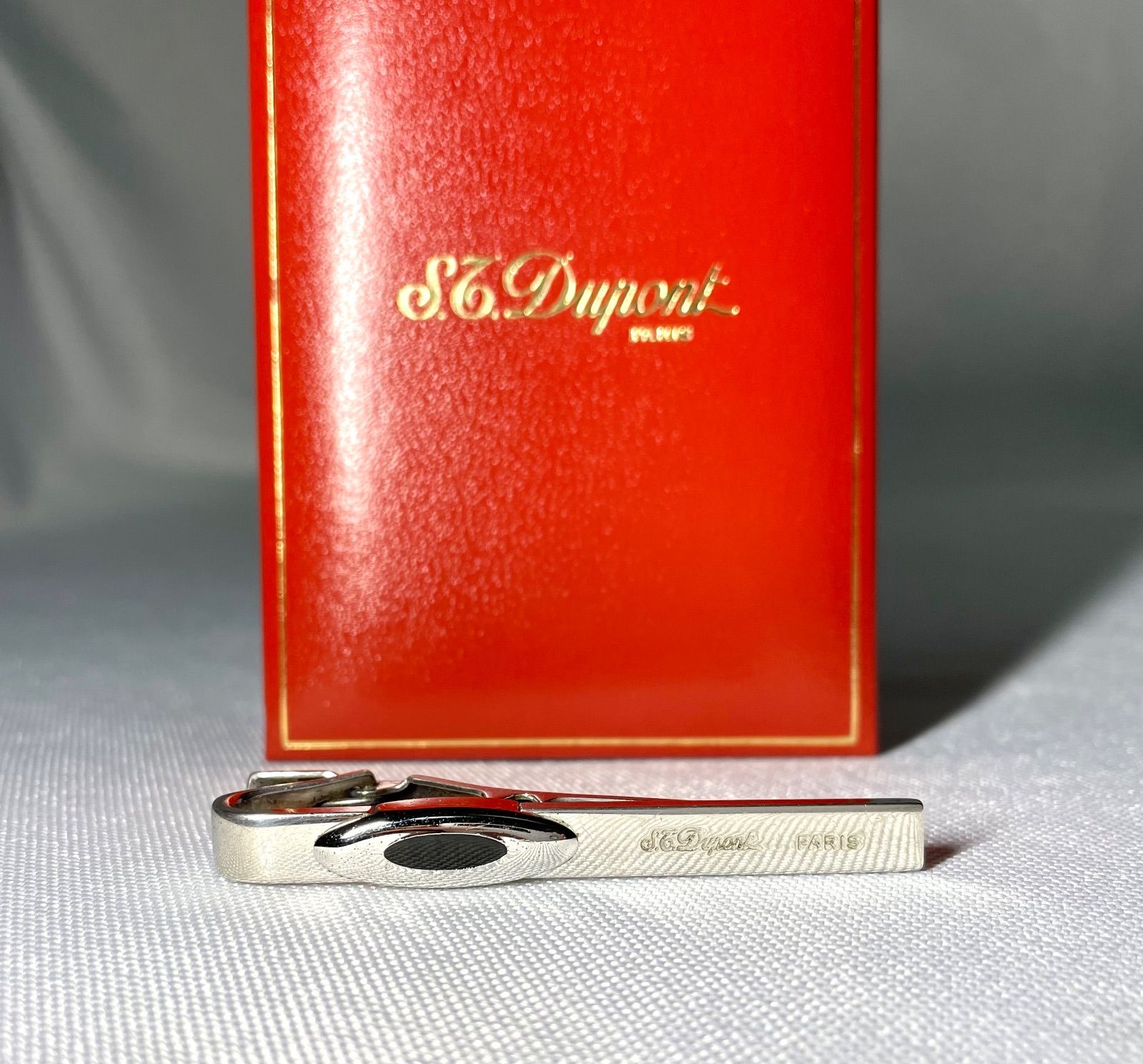 S.T.Dupont デュポン ブランドロゴ ブラックストーン装飾-シルバー ネクタイピン タイピン タイバー メンズ ケースあり