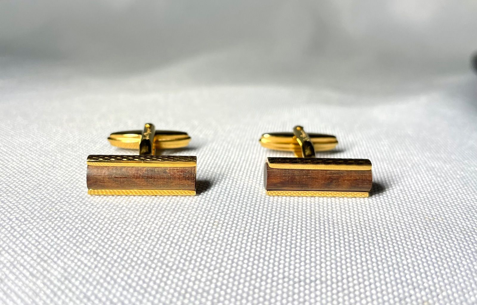 S T Dupont デュポン ブラウンウッド装飾 ゴールド バー型カフス カフリンクス ボタン メンズ