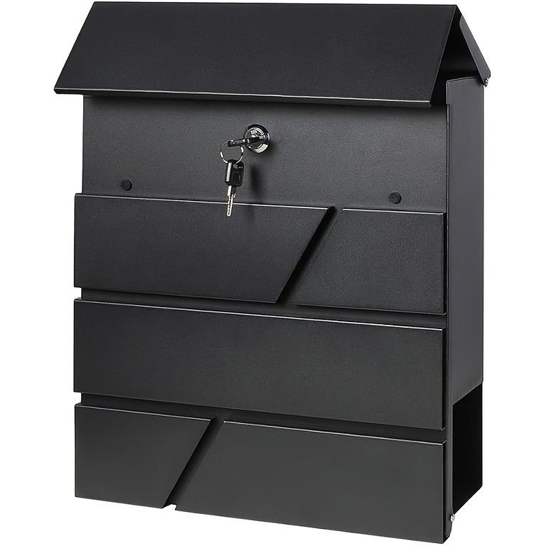 大容量＆鍵付き 壁掛け郵便ポスト 郵便受け スチール製 盗難防止 玄関 エクステリア ブラック 37 cm 安心安全