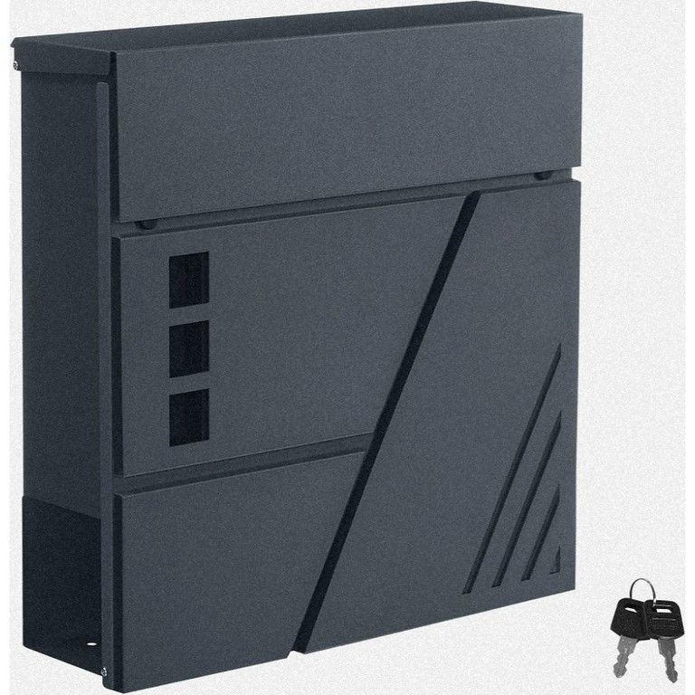 鍵付き＆覗き窓付き 壁掛けメールボックス 3 Dストライプデザイン 郵便ポスト 郵便受け グラファイトグレー＆シルバーグレー 亜鉛合金製 屋外用 おしゃれ グラファイトグレー