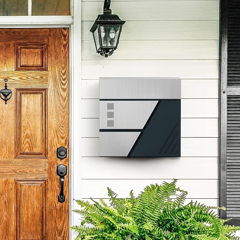 鍵付き＆覗き窓付き 壁掛けメールボックス 3 Dストライプデザイン 郵便ポスト 郵便受け グラファイトグレー＆シルバーグレー 亜鉛合金製 屋外用 おしゃれ グラファイトグレー