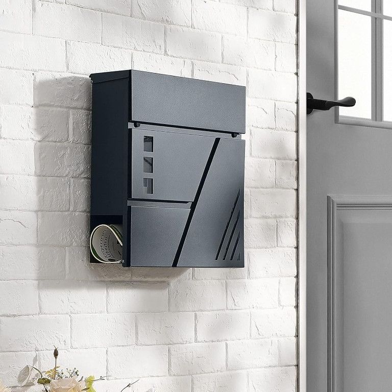  ロック-鍵付き 壁掛けメールボックス 亜鉛メタル製 郵便ポスト 鍵付き おしゃれ ミニマリストデザイン ホローストライプ 上部投函口 玄関 ドア 屋外 郵便受け 新聞受け グラファイトグレー シルバーグレー 建築物用金具 金物 部品