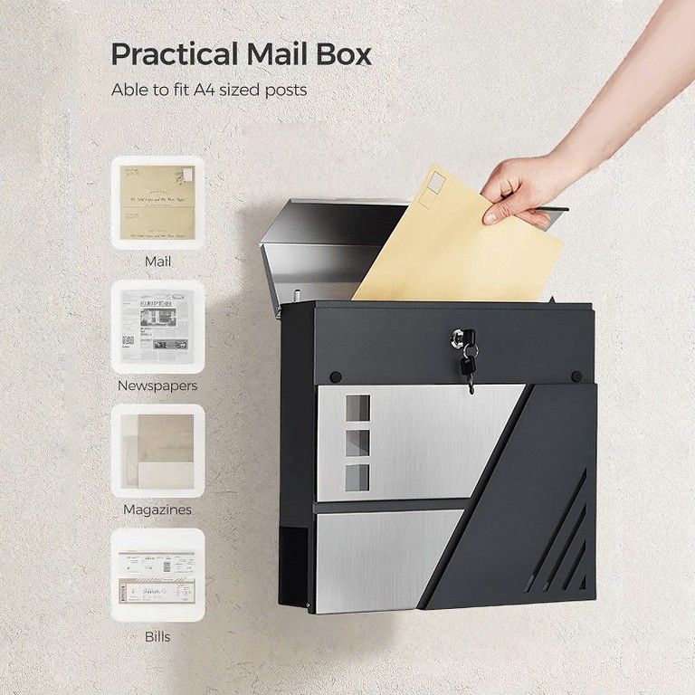 ロック-鍵付き 壁掛けメールボックス 亜鉛メタル製 郵便ポスト 鍵付き おしゃれ ミニマリストデザイン ホローストライプ 上部投函口 玄関 ドア 屋外 郵便受け 新聞受け グラファイトグレー シルバーグレー