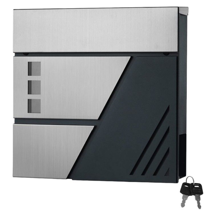 ロック-鍵付き 壁掛けメールボックス 亜鉛メタル製 郵便ポスト 鍵付き おしゃれ ミニマリストデザイン ホローストライプ 上部投函口 玄関 ドア 屋外 郵便受け 新聞受け グラファイトグレー シルバーグレー